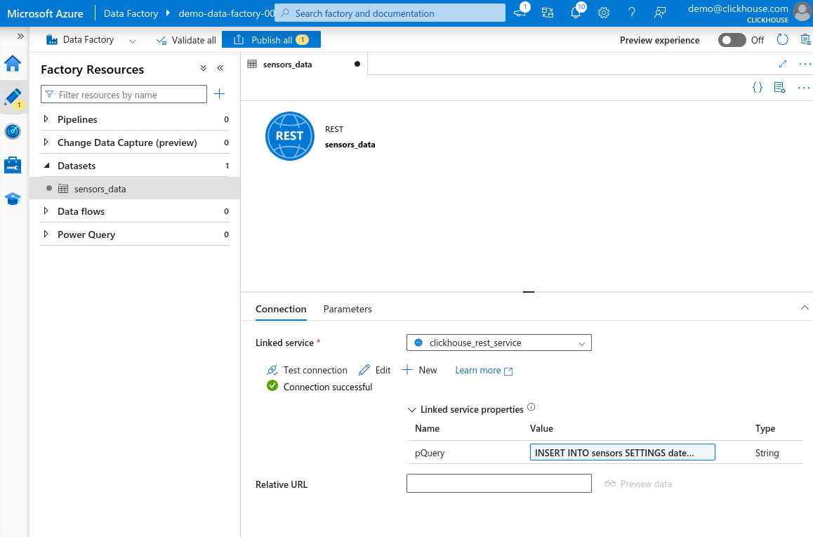 Соединение нового набора данных успешно