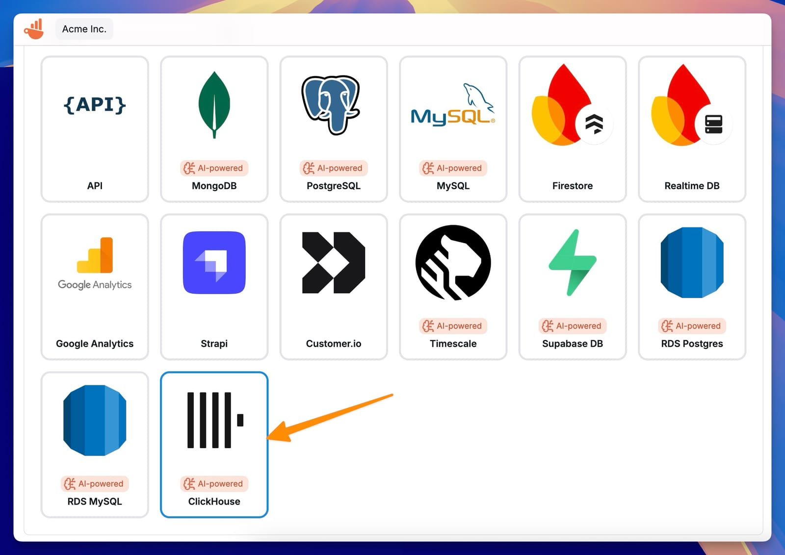 Выбор соединения ClickHouse в Chartbrew