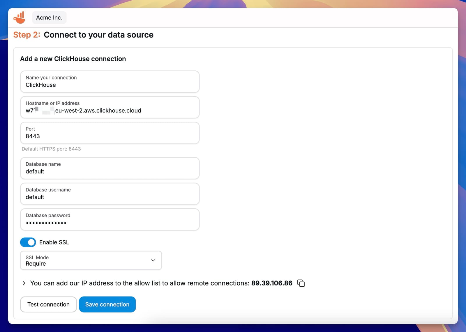 Настройки соединения ClickHouse в Chartbrew