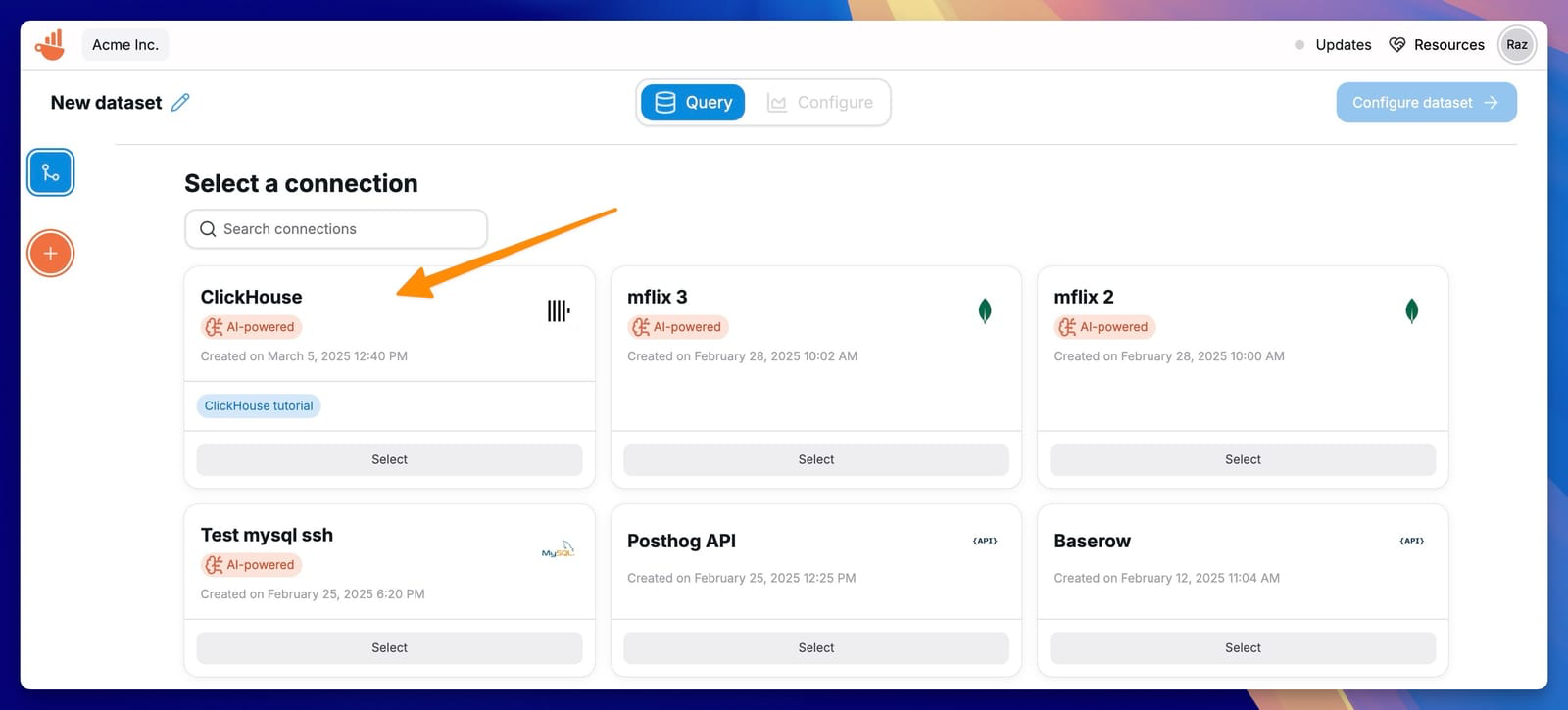 Выбор соединения ClickHouse для набора данных