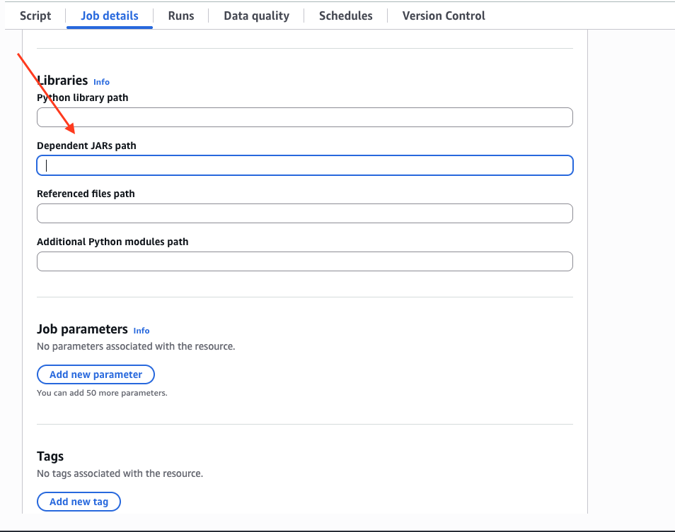 Параметры пути JAR для Glue Notebook