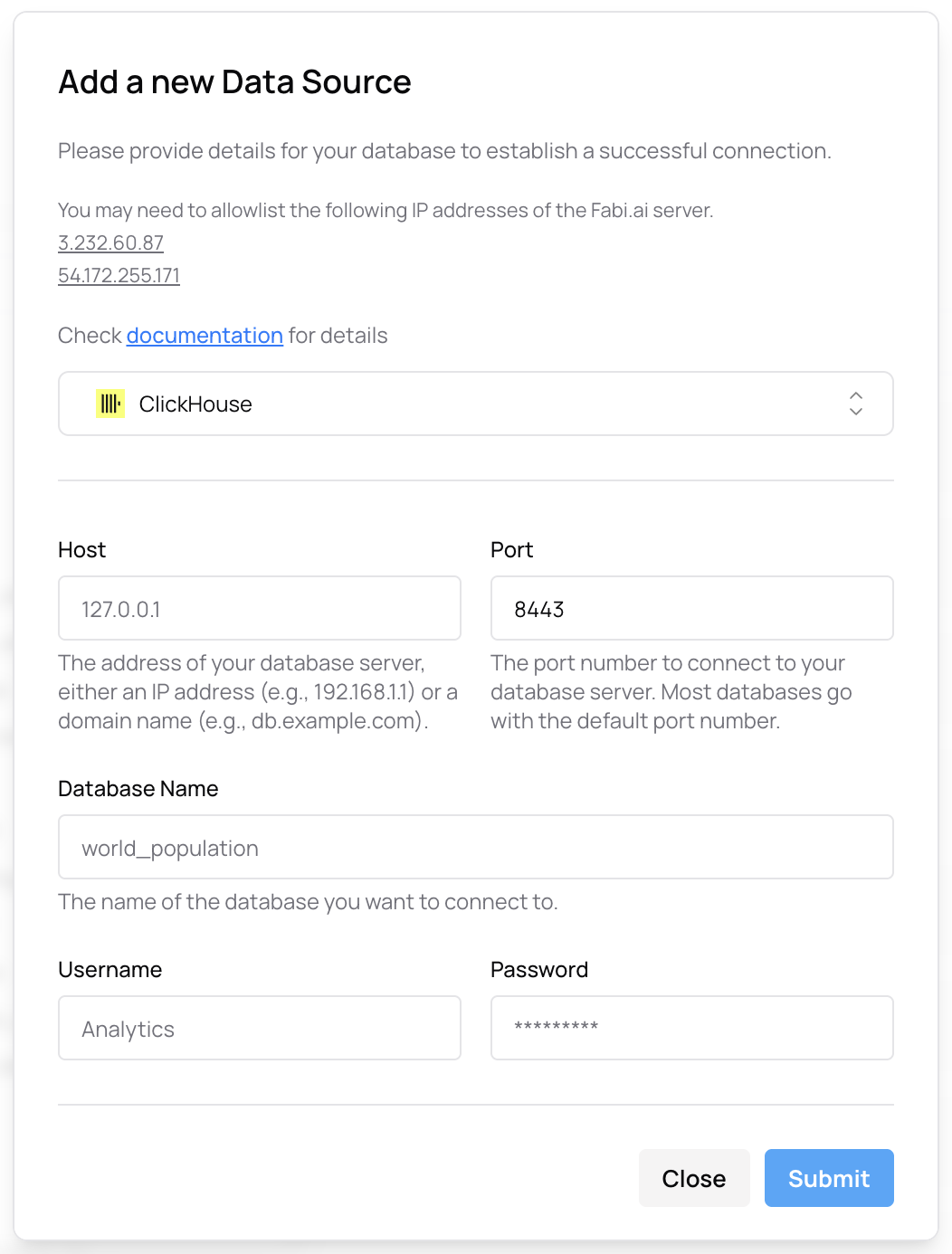 Форма учетных данных ClickHouse