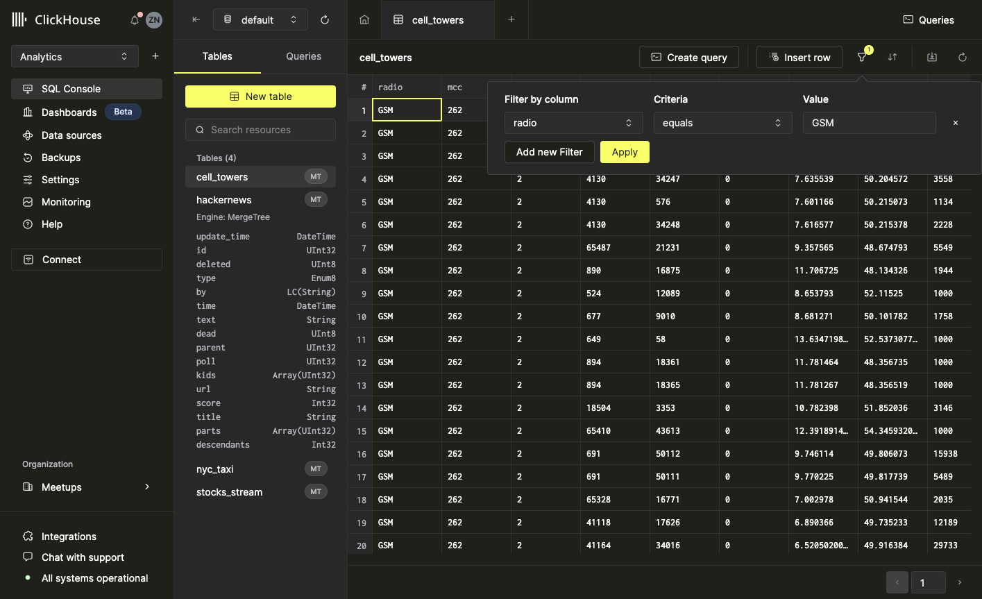 фильтр по колонке равной GSM