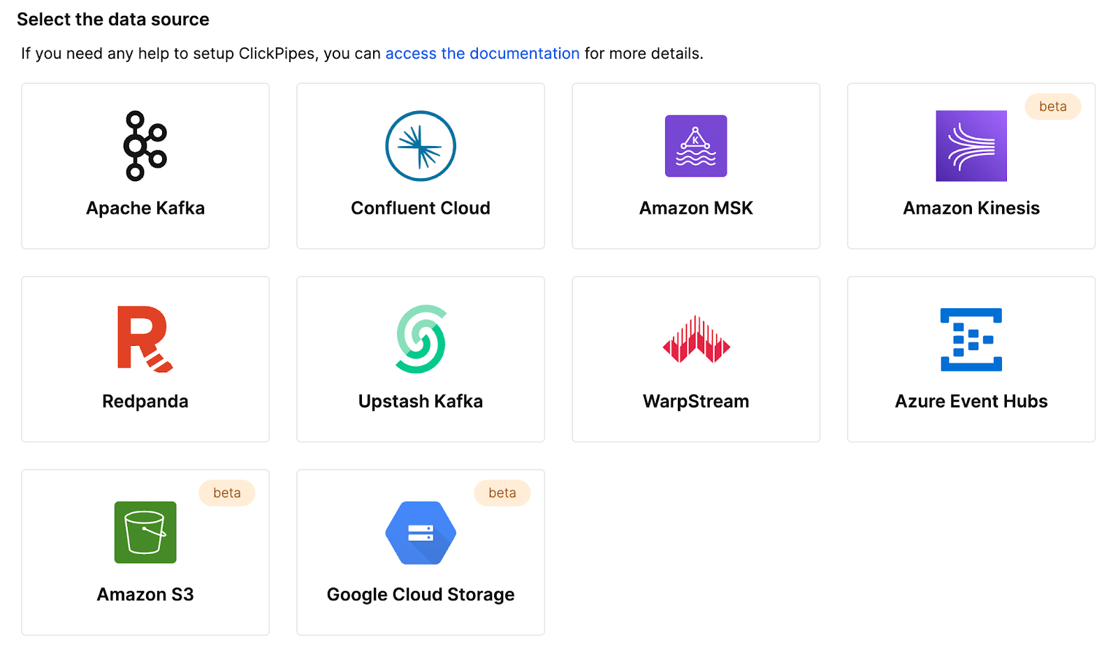 ClickPipes interface showing Amazon Kinesis integration configuration options