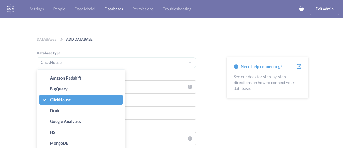 Выбор базы данных Metabase, показывающий ClickHouse как вариант