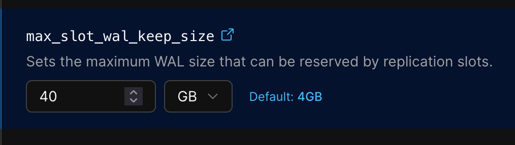 Регулировка max_slot_wal_keep_size в консоли PlanetScale