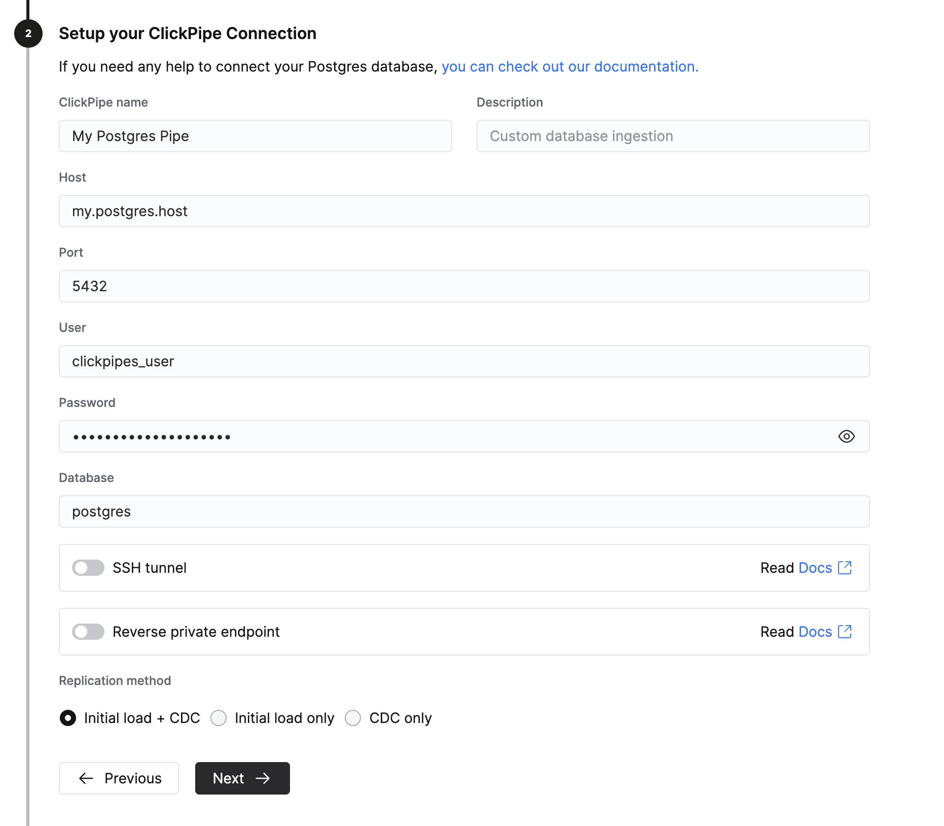 Заполните данные для подключения