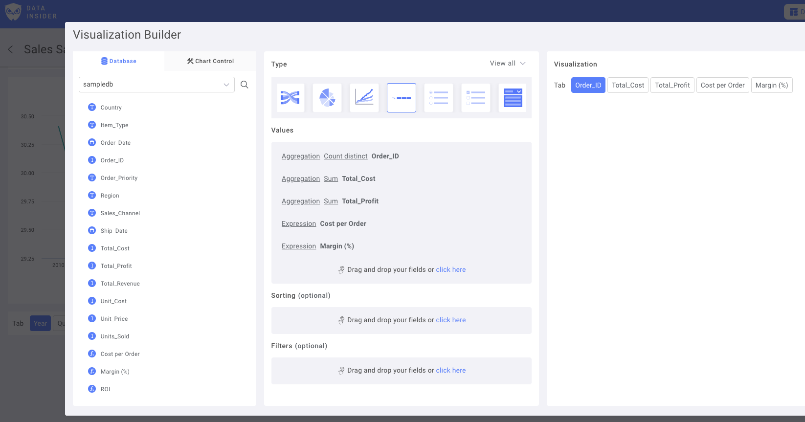Панель конфигурации элементов управления метриками Rocket BI, показывающая выбранные поля и настройки агрегации