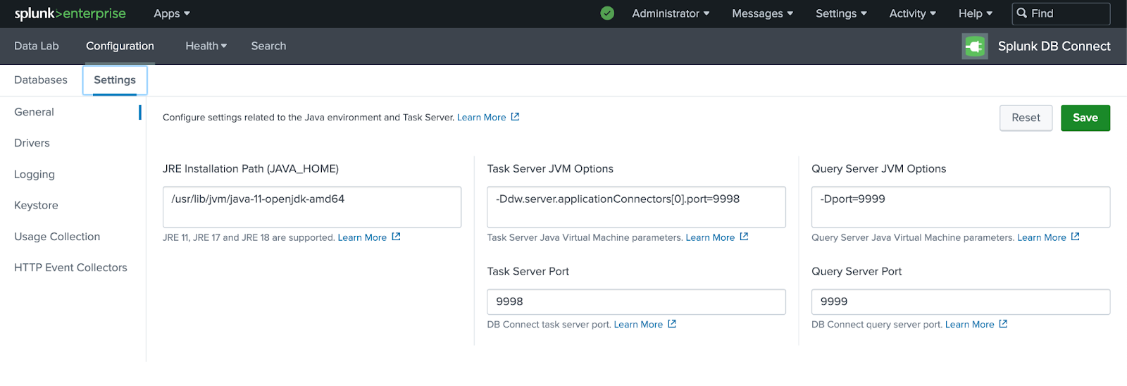 Страница настроек Splunk DB Connect, показывающая конфигурацию Java Home