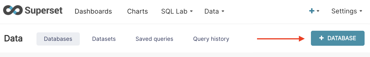 Интерфейс Superset, показывающий меню База данных с выделенной кнопкой + База данных
